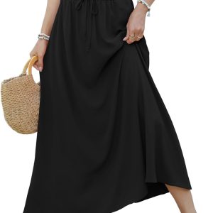 Women's Maxi Skirt Long Pleated High Waisted with Pockets One Size