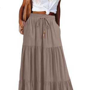 Women's Boho Maxi Skirt Ruffle Tiered High Waist with Pockets One Size